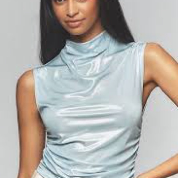 NWT new large Anthropologie Maeve mock neck metallic shine ruched tank top blue - Picture 15 of 17